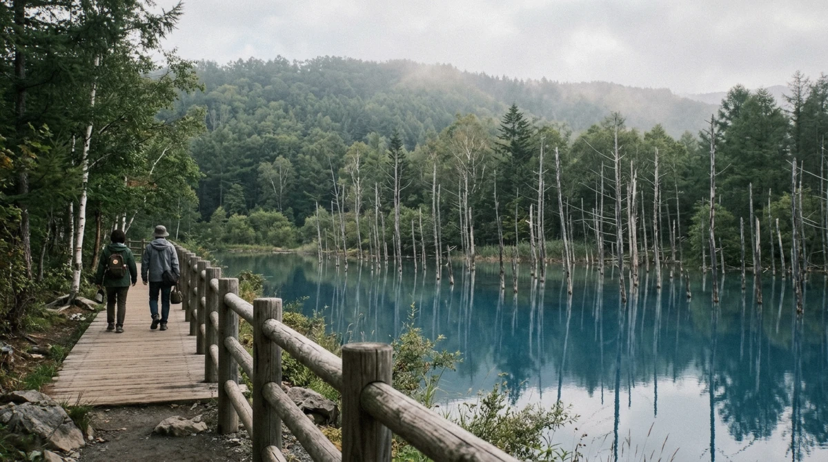 Two visitors on the boardwalk beside Shirogane Blue Pond in Biei, a stop on most Hokkaido tours from Sapporo, Japan